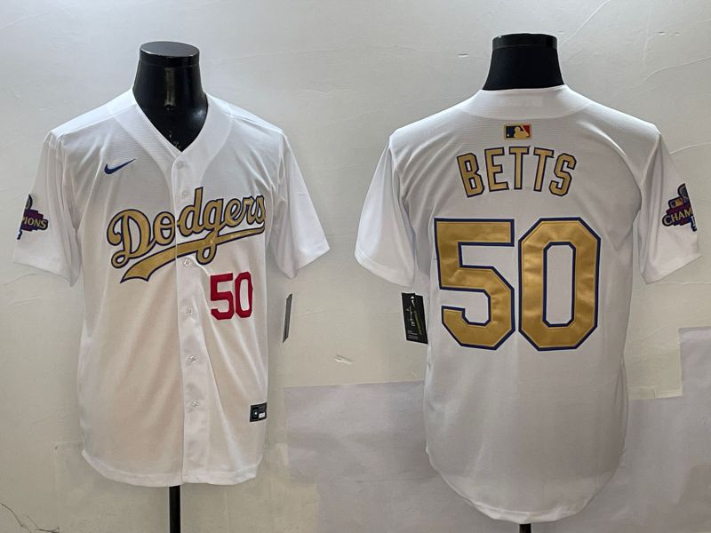 Men Los Angeles Dodgers 50 Betts White Champion gold character 2025 Nike MLB Jersey style 12
